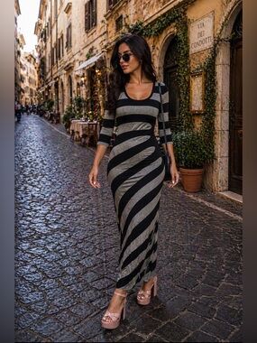 Calvin Klein Black Grey Striped Maxi Dress Soft Stretch Casual Elegant Size 8.